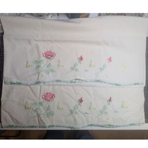 Vintage Embroidered Twin Pillowcase Pair Rose Floral Lace Cream Hand Made READ